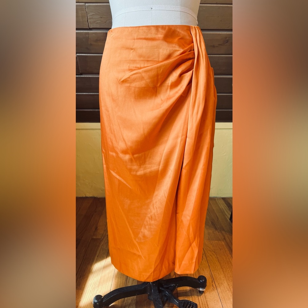 Warm orange satin J. Crew midi-length faux wrap skirt